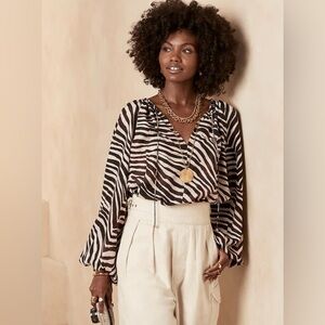 Banana Republic Silk BoHo Zebra Print Career Office Siren Tie-Neck Blouse Top